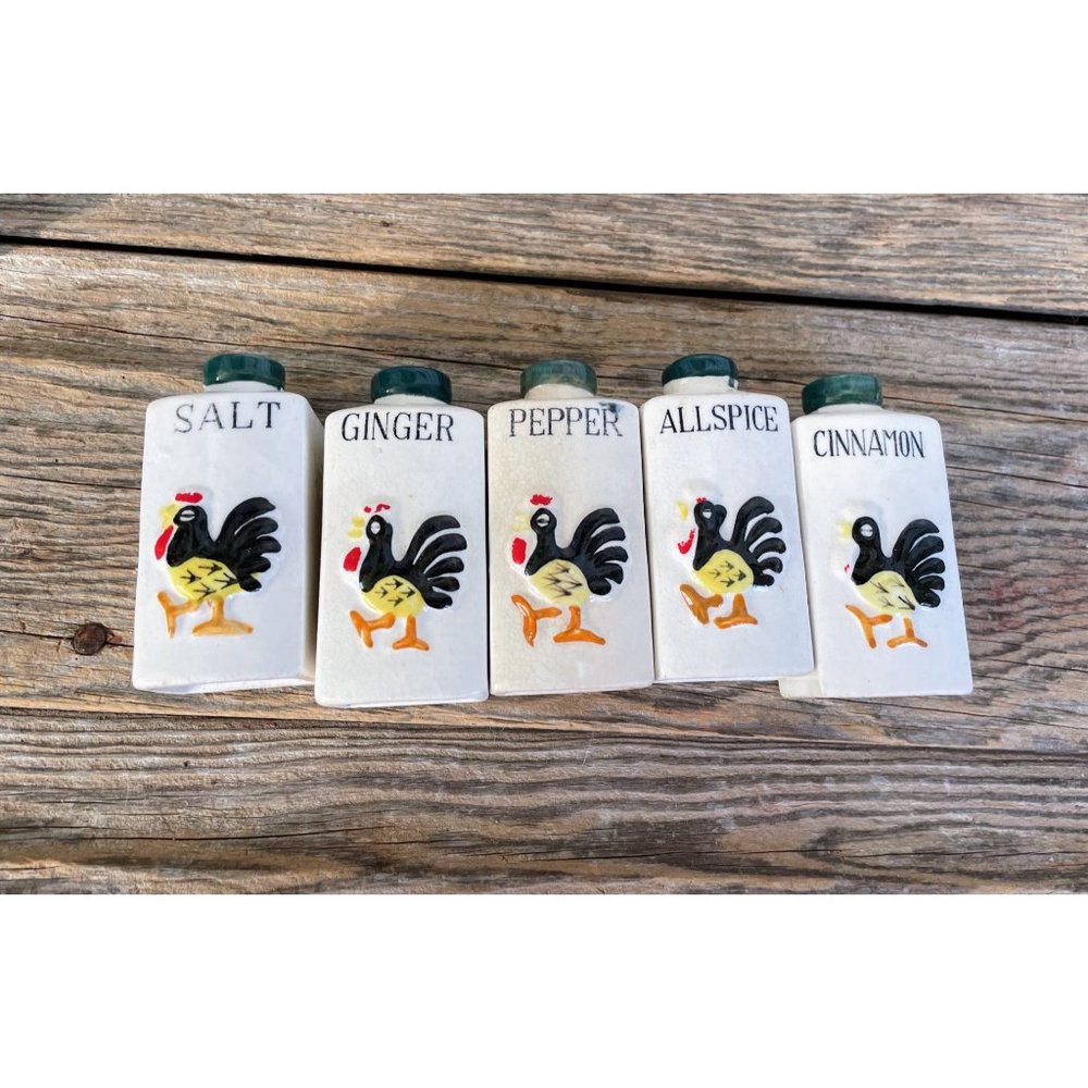 Vintage Spice Rack With Spice Jars Rooster Chicken Farmhouse - Picture 3 of 16